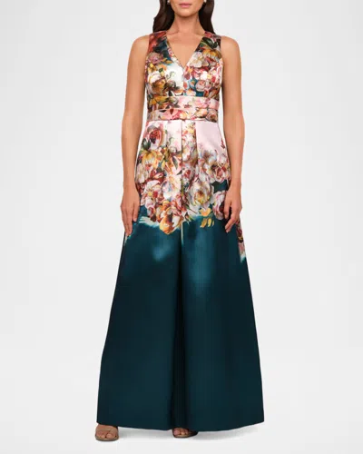Kay Unger Mariah Sleeveless Floral Mikado Gown In Blue