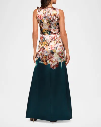 Kay Unger Mariah Sleeveless Floral Mikado Gown In Blue