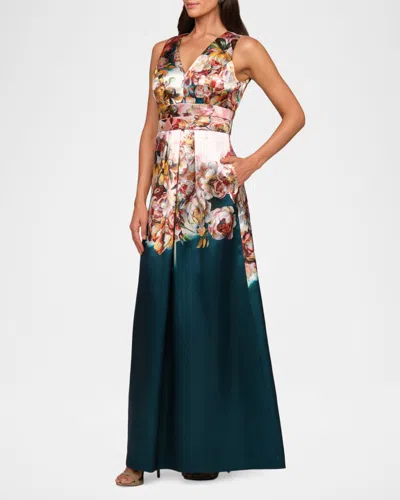 Kay Unger Mariah Sleeveless Floral Mikado Gown In Blue