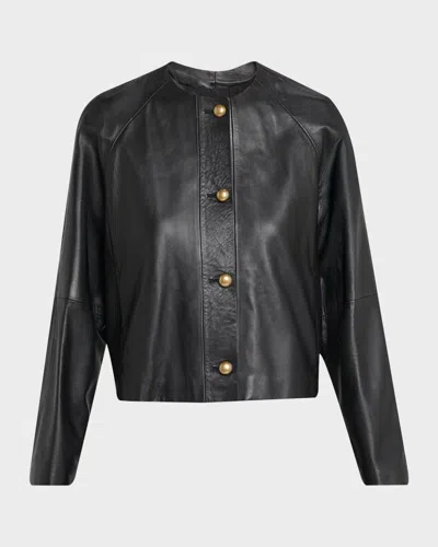 Max Mara Raglan-sleeve Leather Single-breasted Jacket In Black
