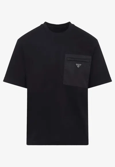 Prada Mens Black Re-nylon Logo-plaque Cotton-jersey T-shirt Xxl In Black