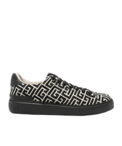 Balmain B-court Sneakers In Leather And Monogram Jacquard In Black