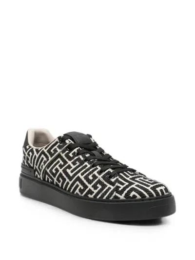 Balmain B-court Sneakers In Leather And Monogram Jacquard In Black