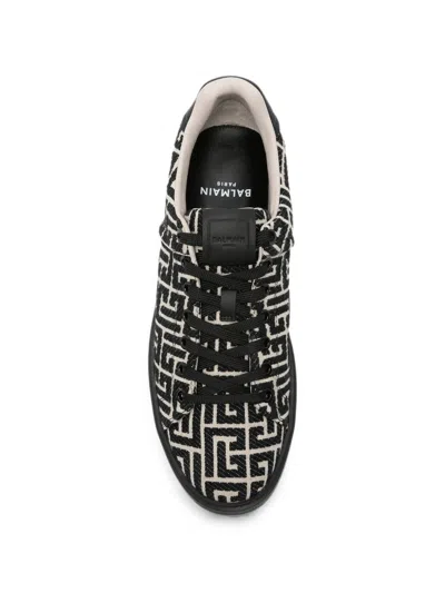 Balmain B-court Sneakers In Leather And Monogram Jacquard In Black