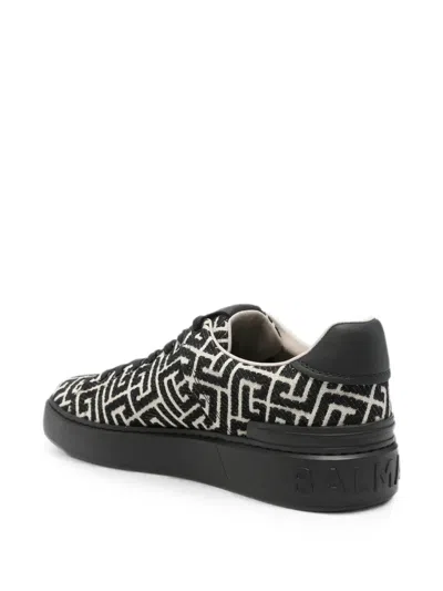 Balmain B-court Sneakers In Leather And Monogram Jacquard In Black