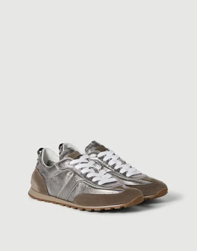 Brunello Cucinelli Monili Pull-tab Crinkle-effect Leather Low-top Sneakers In Brown