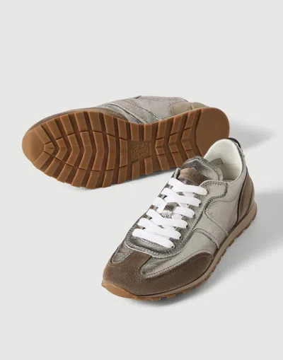 Brunello Cucinelli Monili Pull-tab Crinkle-effect Leather Low-top Sneakers In Brown