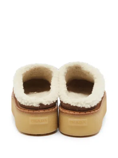 Pre-owned Prada Shearling-trim Flat Mules In Brown