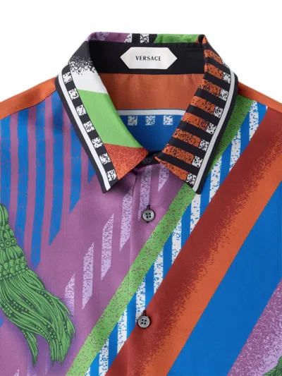 Versace Printed Silk Twill Regular Shirt In Brown