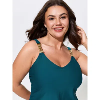 Bloomchic Ruched Adjustable Drawstrings Plain Swim Top In Blue
