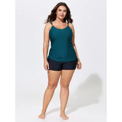 Bloomchic Ruched Adjustable Drawstrings Plain Swim Top In Blue
