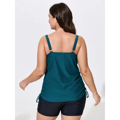 Bloomchic Ruched Adjustable Drawstrings Plain Swim Top In Blue