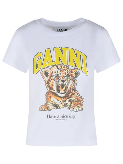 Ganni Organic Cotton T-shirt With Front Print In White