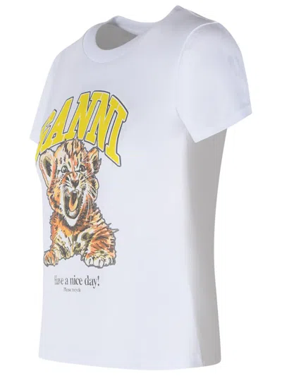 Ganni Organic Cotton T-shirt With Front Print In White