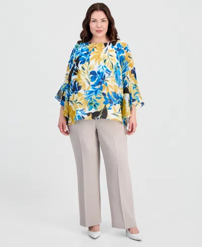 Kasper Plus Size Printed Ruffled-sleeve Blouse In Multi