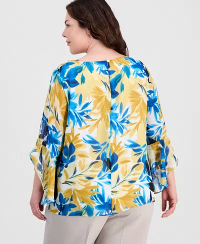Kasper Plus Size Printed Ruffled-sleeve Blouse In Multi
