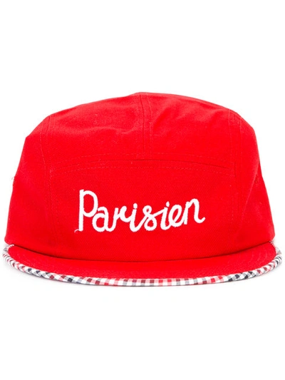 Maison Kitsuné 'parisien' Embroidered Gingham Check Trim Cap In Red