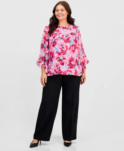 Kasper Plus Size Printed Ruffled-sleeve Blouse In Multi