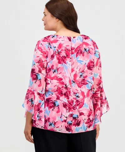 Kasper Plus Size Printed Ruffled-sleeve Blouse In Multi