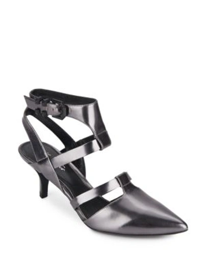 Kenneth Cole Pence Metallic Leather Cutout Point Toe Pumps In Pewter
