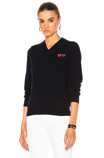 Shop Comme Des Garçons Play Double Emblem V Neck Sweater In Black