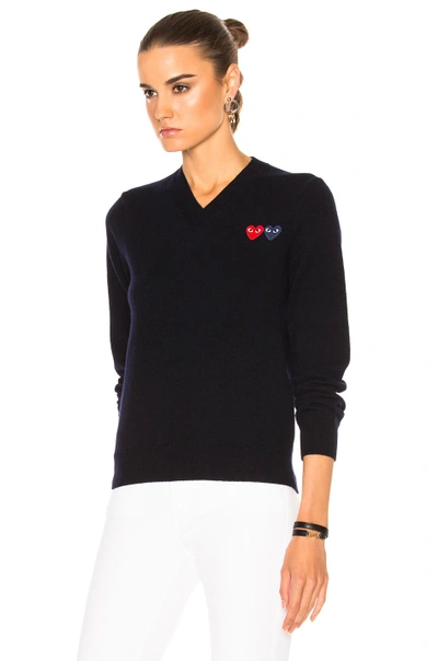 Shop Comme Des Garçons Play Double Emblem V Neck Sweater In Black