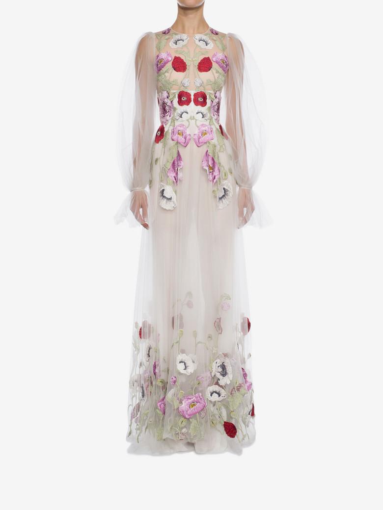 Alexander Mcqueen Poppy Embroidered Tulle Long Dress In White | ModeSens