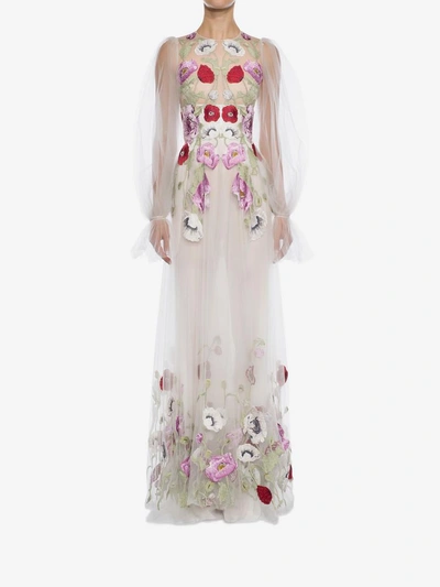 Shop Alexander Mcqueen Poppy Embroidered Tulle Long  Dress