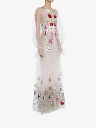 Alexander Mcqueen Poppy Embroidered Tulle Long Dress In White | ModeSens