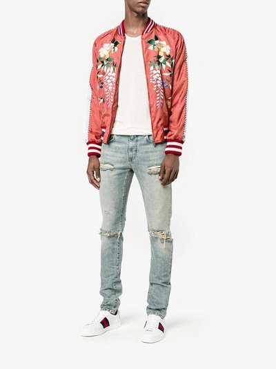 Shop Gucci Orange Floral Embroidered Bomber Jacket In Yellow & Orange