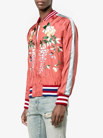 Shop Gucci Orange Floral Embroidered Bomber Jacket In Yellow & Orange