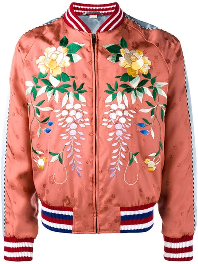 Gucci Orange Floral Embroidered Bomber Jacket In Yellow