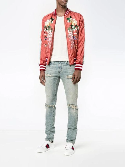Shop Gucci Orange Floral Embroidered Bomber Jacket In Yellow