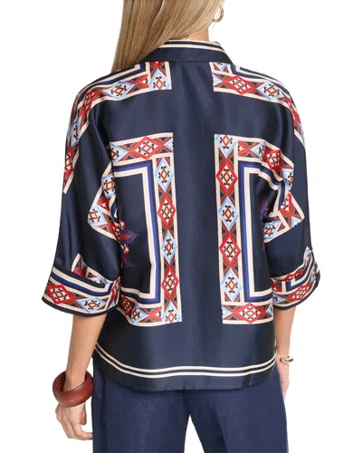 Halston Scarf Printed Button Up Blouse In Blue