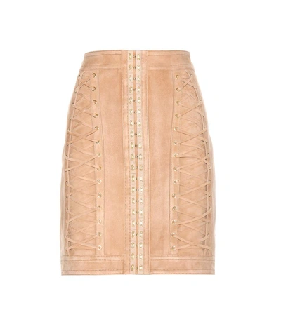 Balmain Suede Lace Up Mini Skirt In Salle