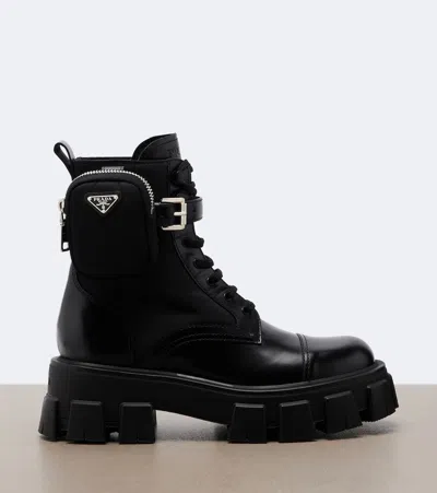 Prada Monolith Leather Ankle Boots In Black