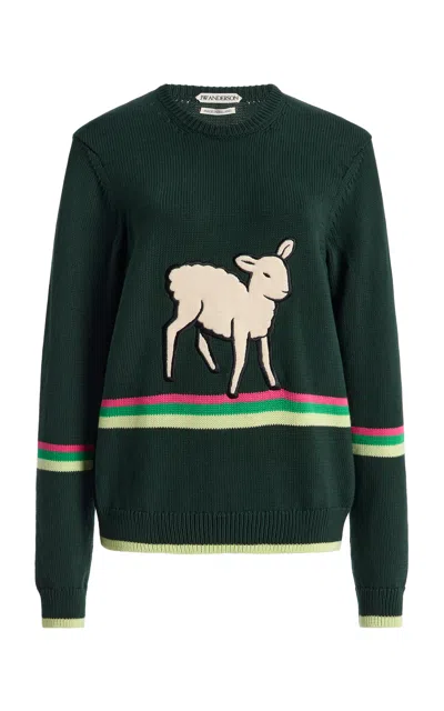 Jw Anderson Sheep Embroidered Striped Cotton Sweater In Green
