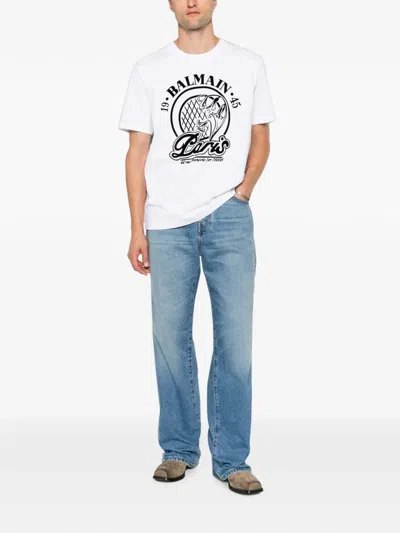 Balmain Short Sleeve Crew Neck Graphic Shirt In White