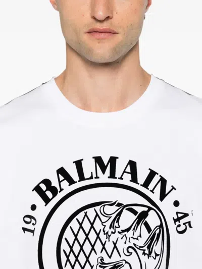 Balmain Short Sleeve Crew Neck Graphic Shirt In White