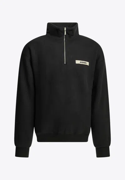 Jacquemus High Neck Zip Sweatshirt With Logo Detail And Gathered Cuffs In Black
