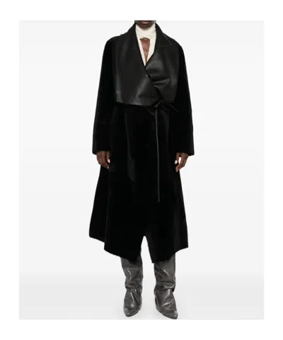 Blancha Shearling Coat With Leather Inserts In Black