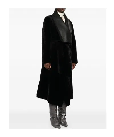 Blancha Shearling Coat With Leather Inserts In Black