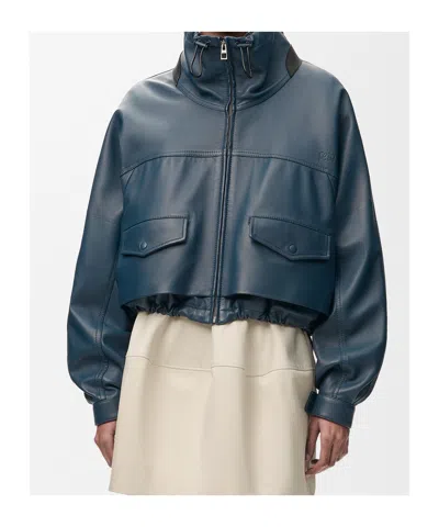 Loewe Double Layered Leather Zip Jacket In Blue