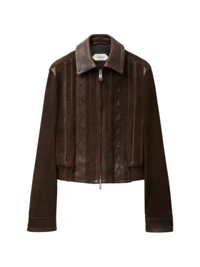 Versace Greca-embossed Leather And Suede Jacket In Brown