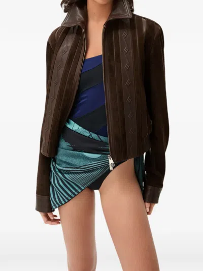 Versace Greca-embossed Leather And Suede Jacket In Brown