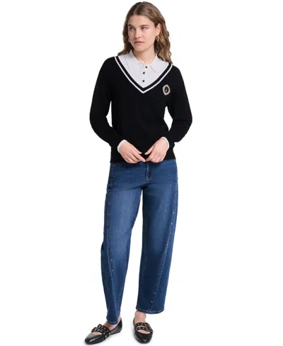 Karl Lagerfeld Petite Collared Button-front Twofer Sweater In Multi