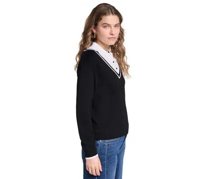 Karl Lagerfeld Petite Collared Button-front Twofer Sweater In Multi