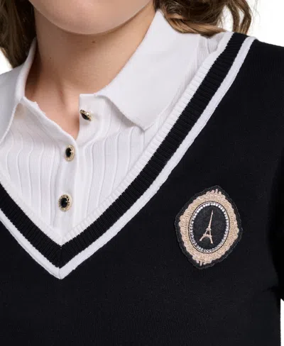 Karl Lagerfeld Petite Collared Button-front Twofer Sweater In Multi