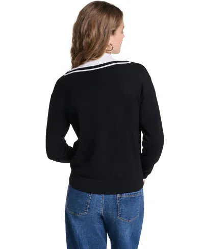 Karl Lagerfeld Petite Collared Button-front Twofer Sweater In Multi