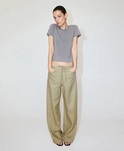 Mango Bow Linen Pants In Green